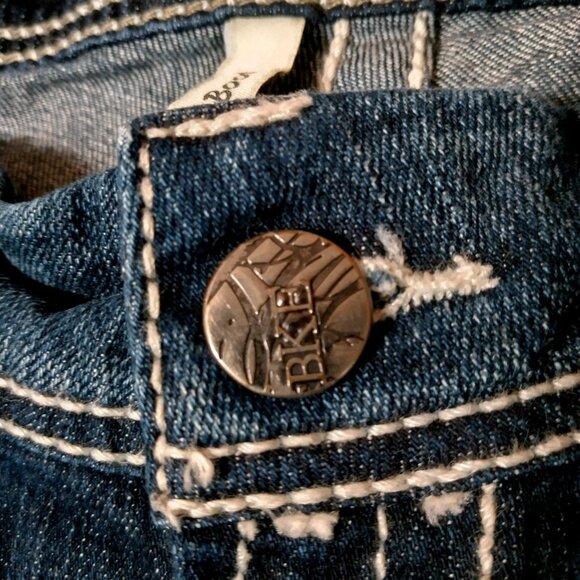 BKE Denim Payton Jeans Women 32L Dark Wash Blue Pants Whiskered White Stitching - Picture 7 of 16